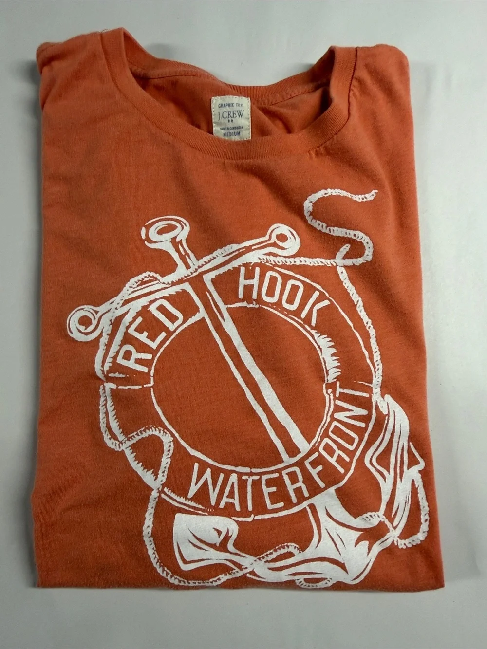 J. Crew Orange Short Sleeve Crewneck with White Waterfront Lifesaver Graphic